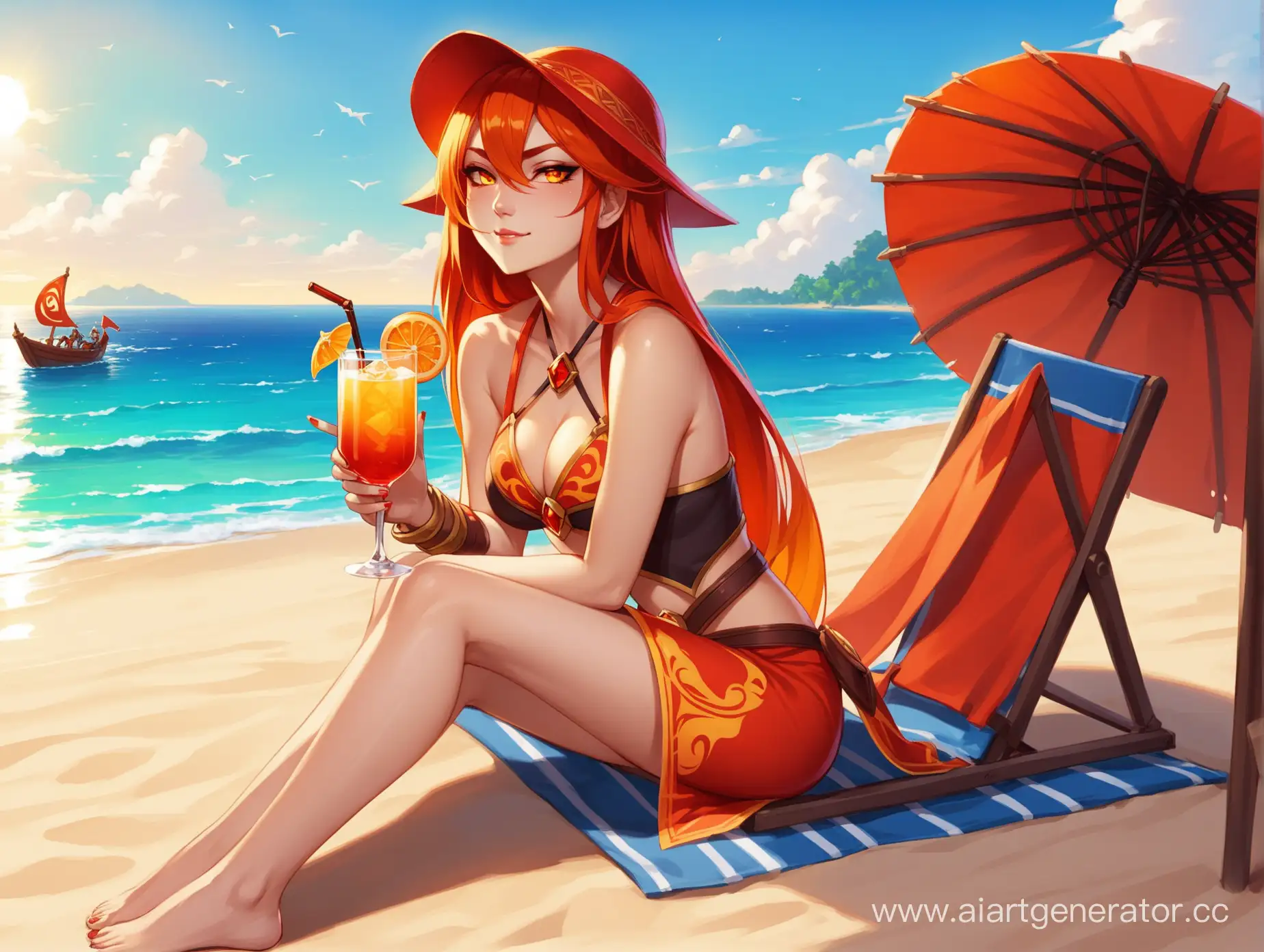 Lina from dota 2 chilling on the beach with a drink