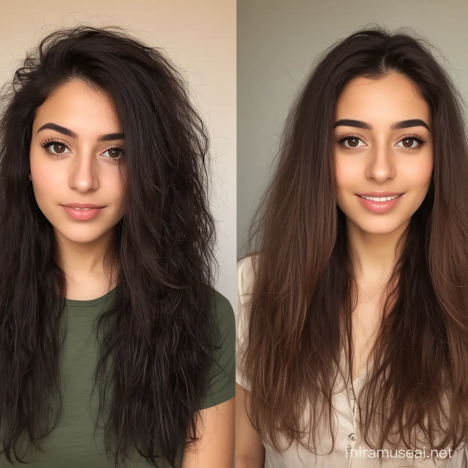 very frizz hair before, and  straight  
 very sleek hair after, arabian girl