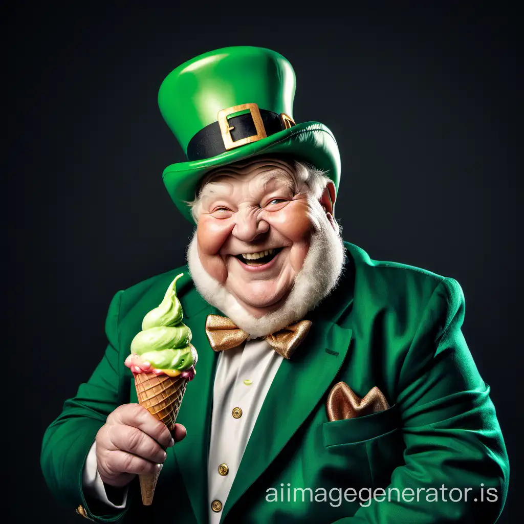 picture of a cheerful elderly chubby smiling leprechaun holding only one ice cream cone