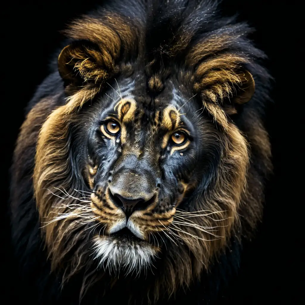 Majestic Black Lion Portrait with Golden Accents