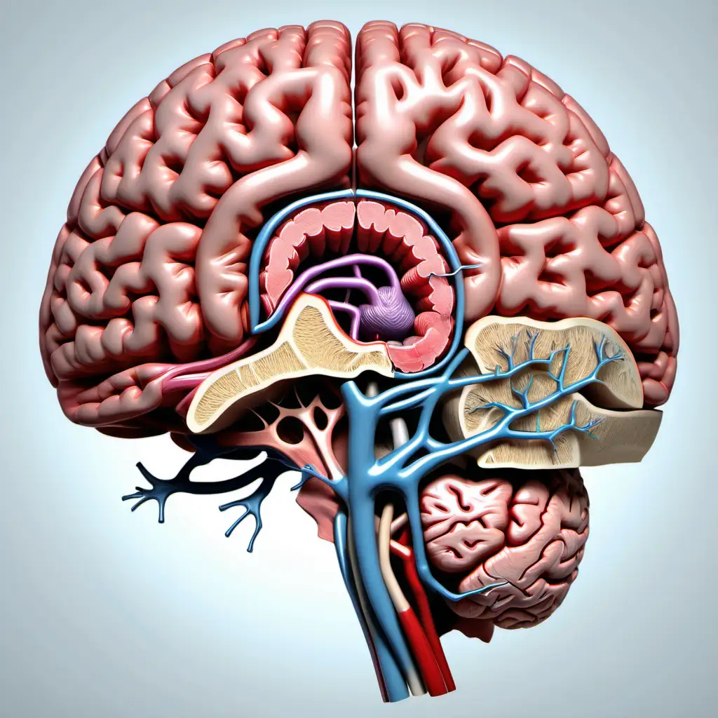 Create a detailed and anatomically accurate illustration of a human head, cut in half to reveal the interior. The focus should be on showcasing the brain within its cranial cavity, highlighting its complex structure and different regions. The illustration should be designed in a clinical, educational style, reminiscent of a high-quality medical textbook. The brain's gyri and sulci should be clearly visible, with attention to the cerebral hemispheres, cerebellum, and brain stem. The image should be devoid of any background, emphasizing the anatomical details and precision suitable for medical students or professionals seeking a deeper understanding of human brain anatomy. The art should convey a sense of scientific accuracy and detail, ideal for use in a clinical or educational setting.