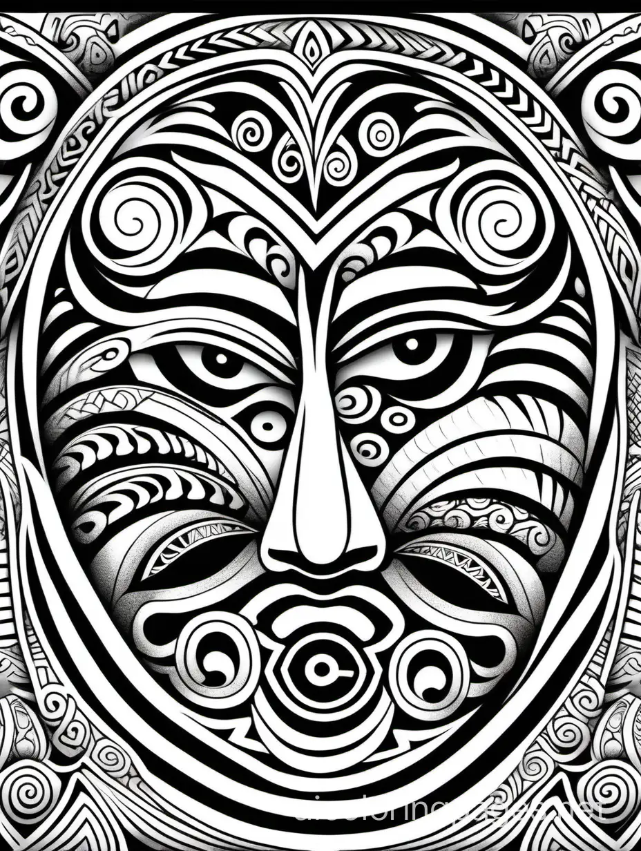 scared maori sleeve tattoo style pattern with faces, Coloring Page, black and white, line art, white background, Simplicity, Ample White Space. The background of the coloring page is plain white to make it easy for young children to color within the lines. The outlines of all the subjects are easy to distinguish, making it simple for kids to color without too much difficulty