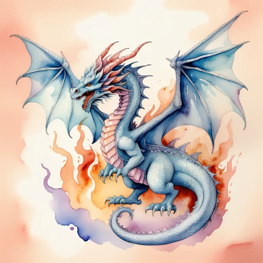 Watercolour Pale blue Mythical dragon with wings open and breathing fire against pastel background