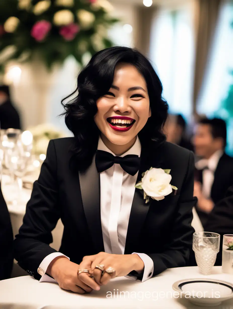 30 year old smiling and laughing Vietnamese woman with shoulder length black hair and lipstick wearing a tuxedo with a black bow tie. (Her shirt cuffs have cufflinks). Her jacket has a corsage. She is at a dinner table.