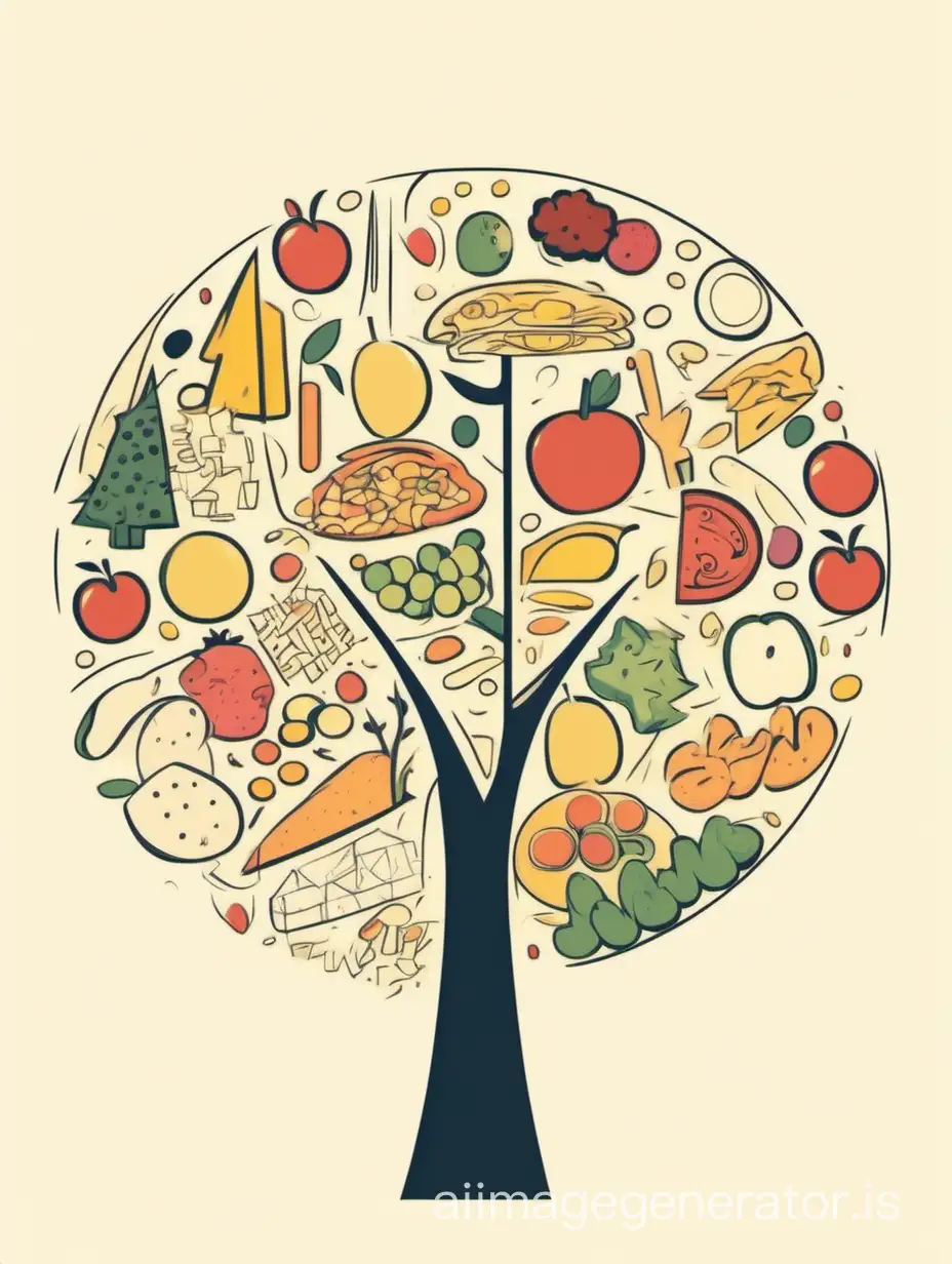 cute style, line art. The shape of a tree composed of food. Multicolored drawing minimalism suprematism naive