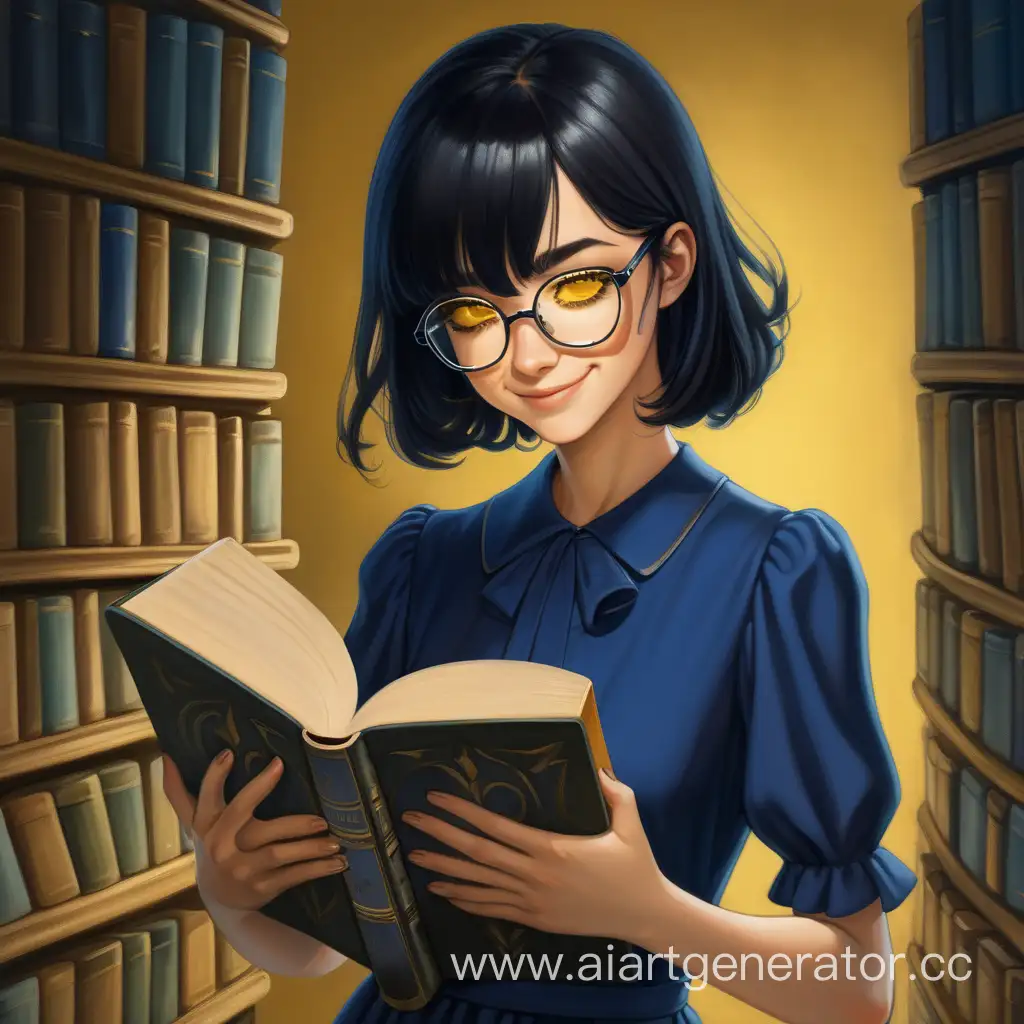 Взрослая девушка с черными волосами, в темно-синем платье, в очках, обнимает книгу, загадочно улыбается, желтые глаза