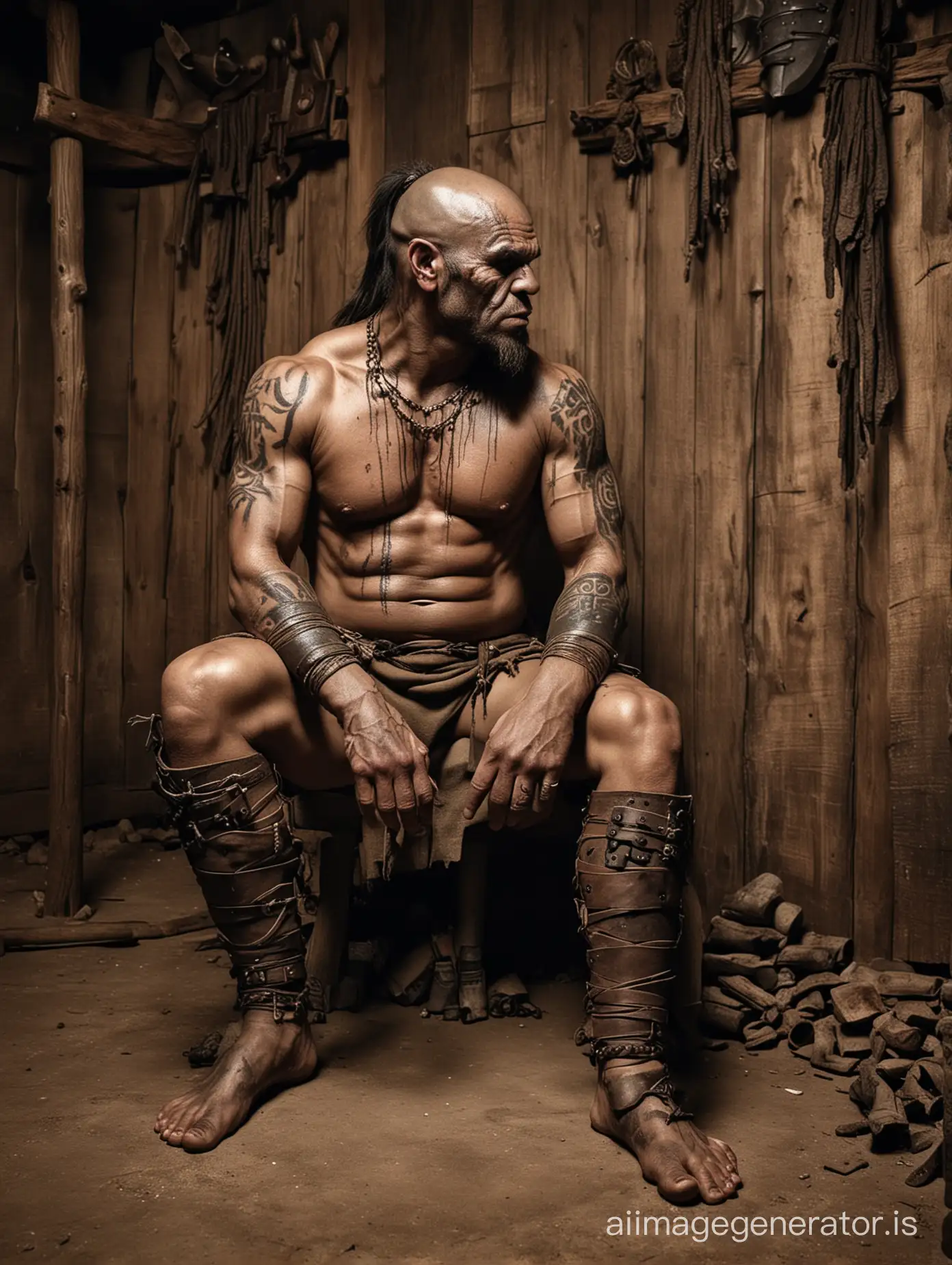 Brooding-Orc-Chieftain-Reflects-in-Gritty-Hut-Ambiance