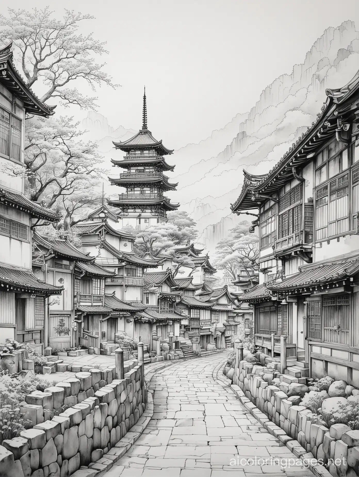 Watercolor painting, Japanese style, Kojiki, mythology, building, one-story streetscape, coloring book, thin lines, no color, castle town, Coloring Page, black and white, line art, white background, Simplicity, Ample White Space. The background of the coloring page is plain white to make it easy for young children to color within the lines. The outlines of all the subjects are easy to distinguish, making it simple for kids to color without too much difficulty