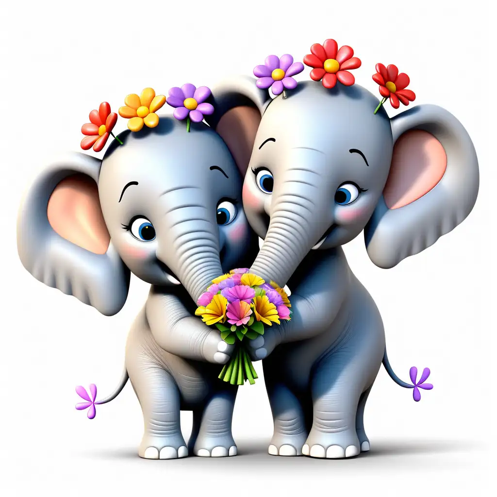 Create a charming 3D Pixar-style clipart featuring two elephants, a smaller one, and a larger one, sharing a bouquet of flowers. The smaller elephant should be handing over the flowers with a shy but endearing expression, while the larger one receives them with a heartwarming smile. Place this heartening moment against a plain white background.