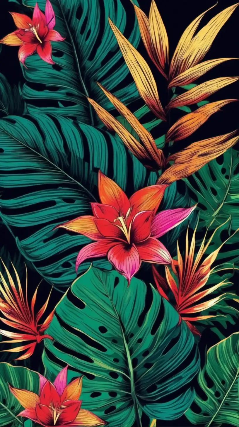 Floral painting, dark colorful, tropical flora and plants, balinese painting style, tosca background. exotic tropical vibes, design for poster, sharp, detailed, HD