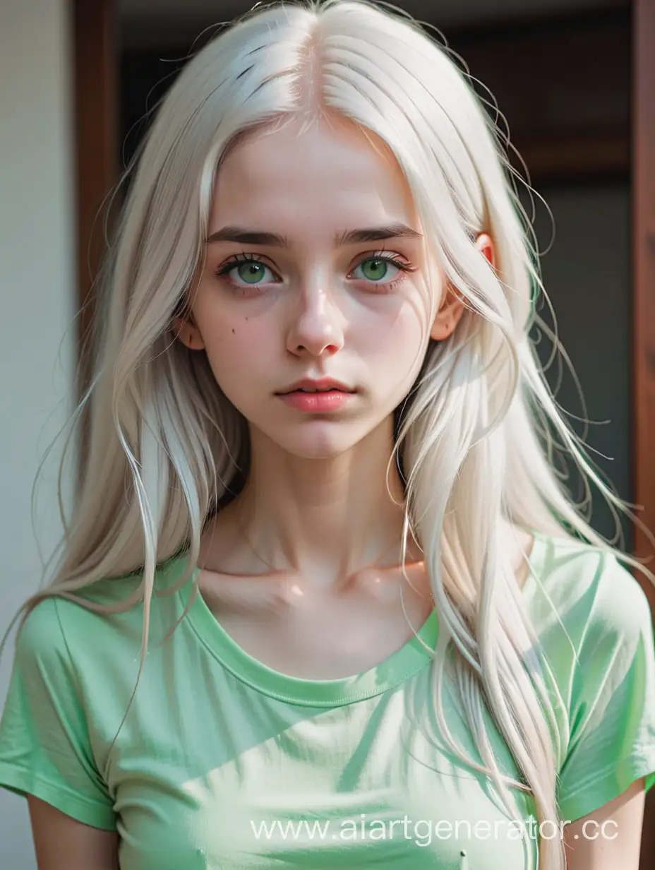 худая девушка 25 лет, белые длинные волосы, , белая кожа, светло-зелёная футболка, очень грустное лицо, серых глаза
