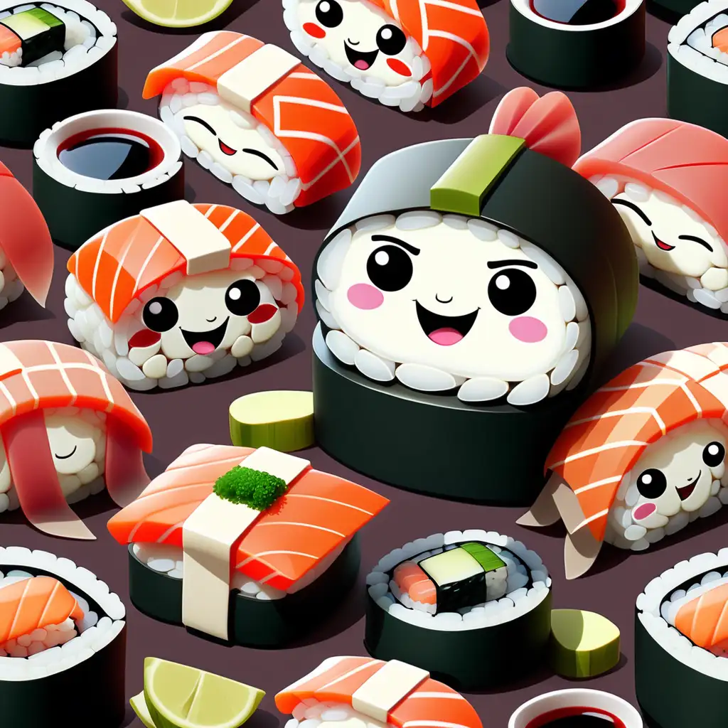 Adorable Cartoon Sushi Characters Playful and Cute Sushi Illustration