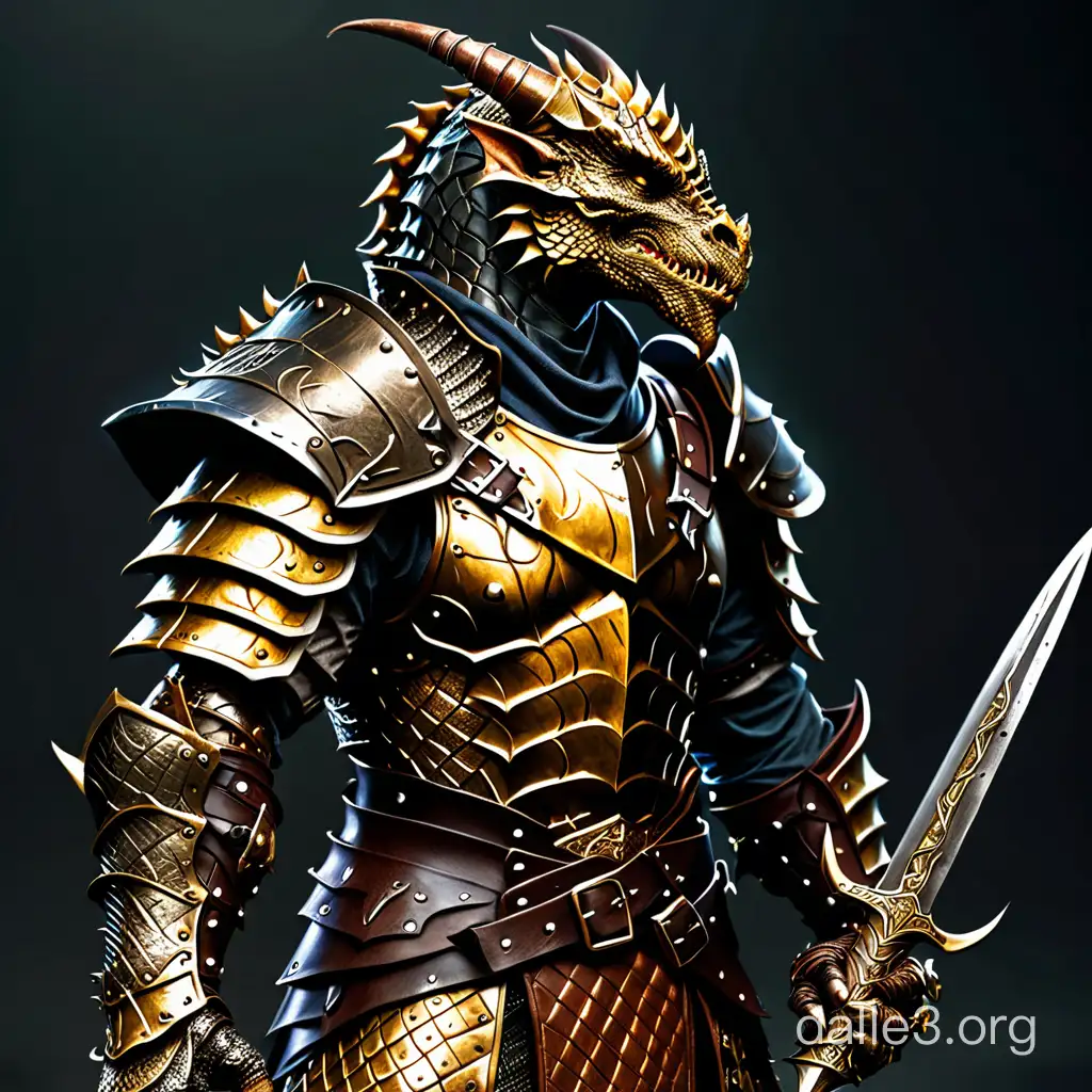 Golden Dragonborn Warrior with Dagger and Leather Armor | Dalle3 AI