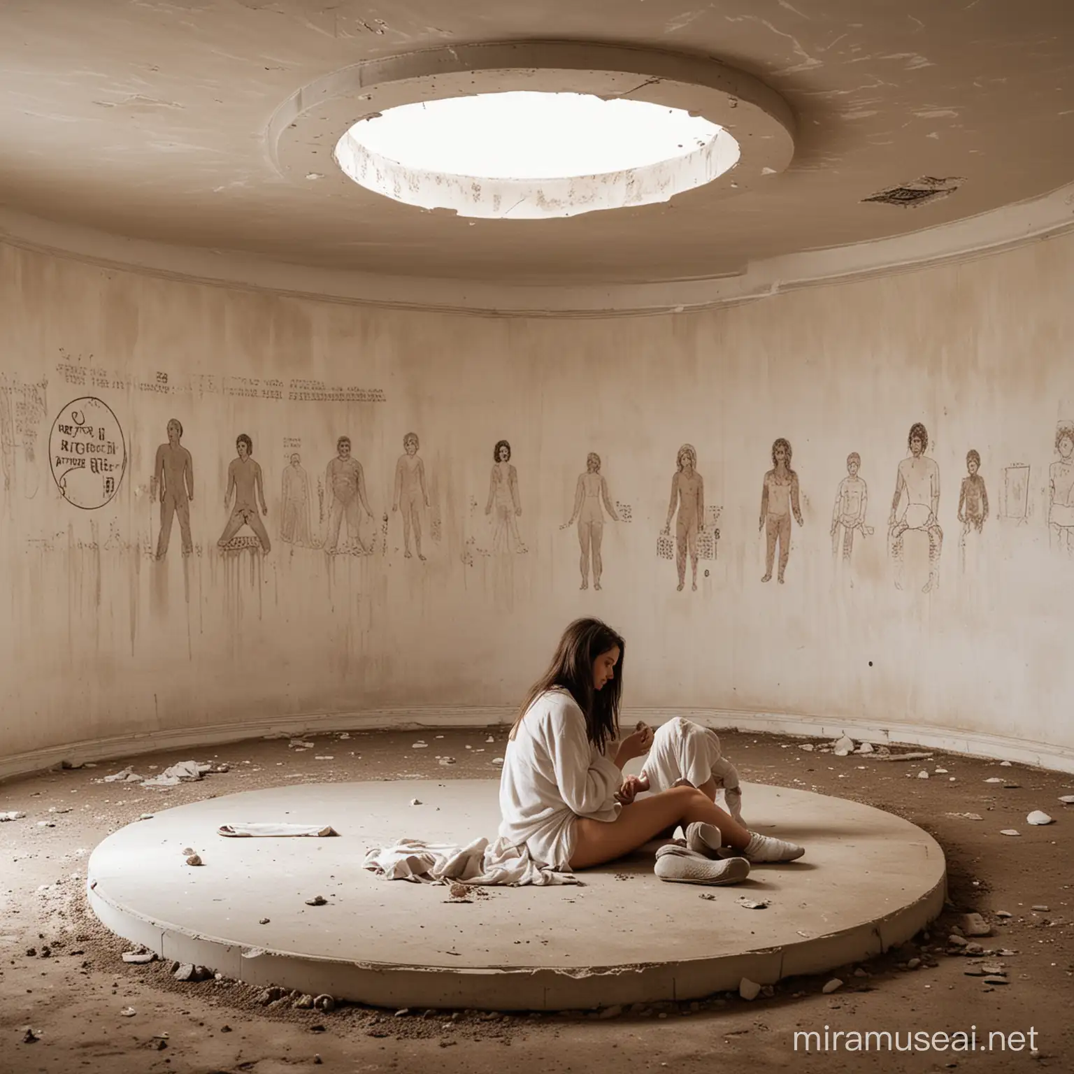 Circular Room with Dirty Walls Hermaphrodite Couple Observing Girl in White Dress