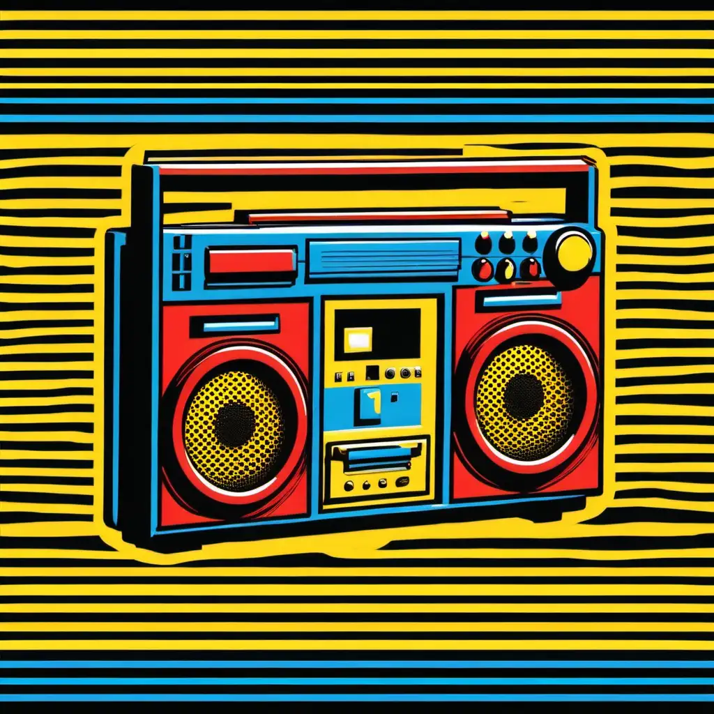 boombox in the style of yellow and blue, hip hop aesthetics, bold, graphic shapes, sun-soaked colours, neo-geo, light black and red