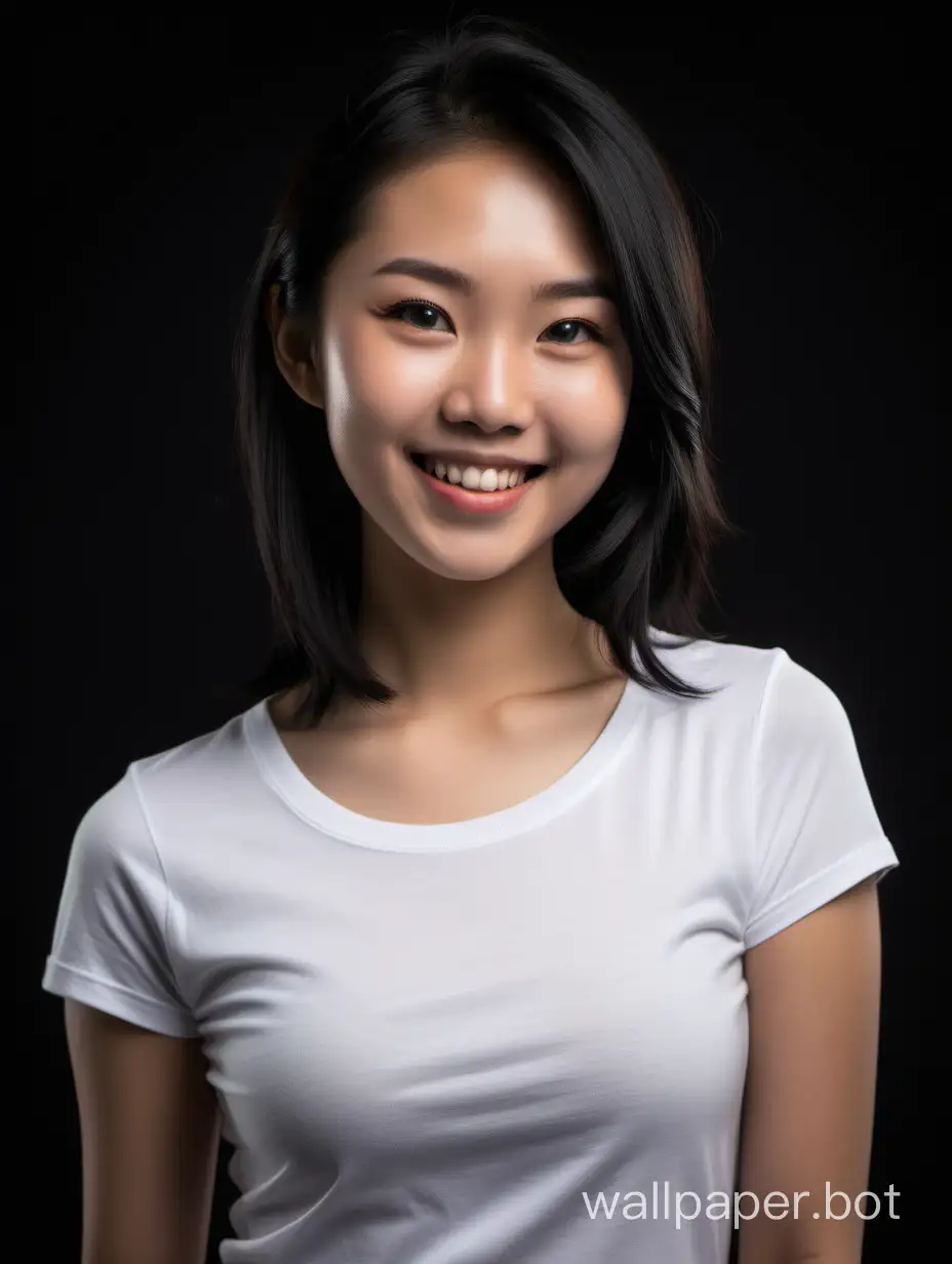 A beautiful 25 year old asian female with shoulder length black hair smiling at you in a body tight white tshirt, waist up view, dark background