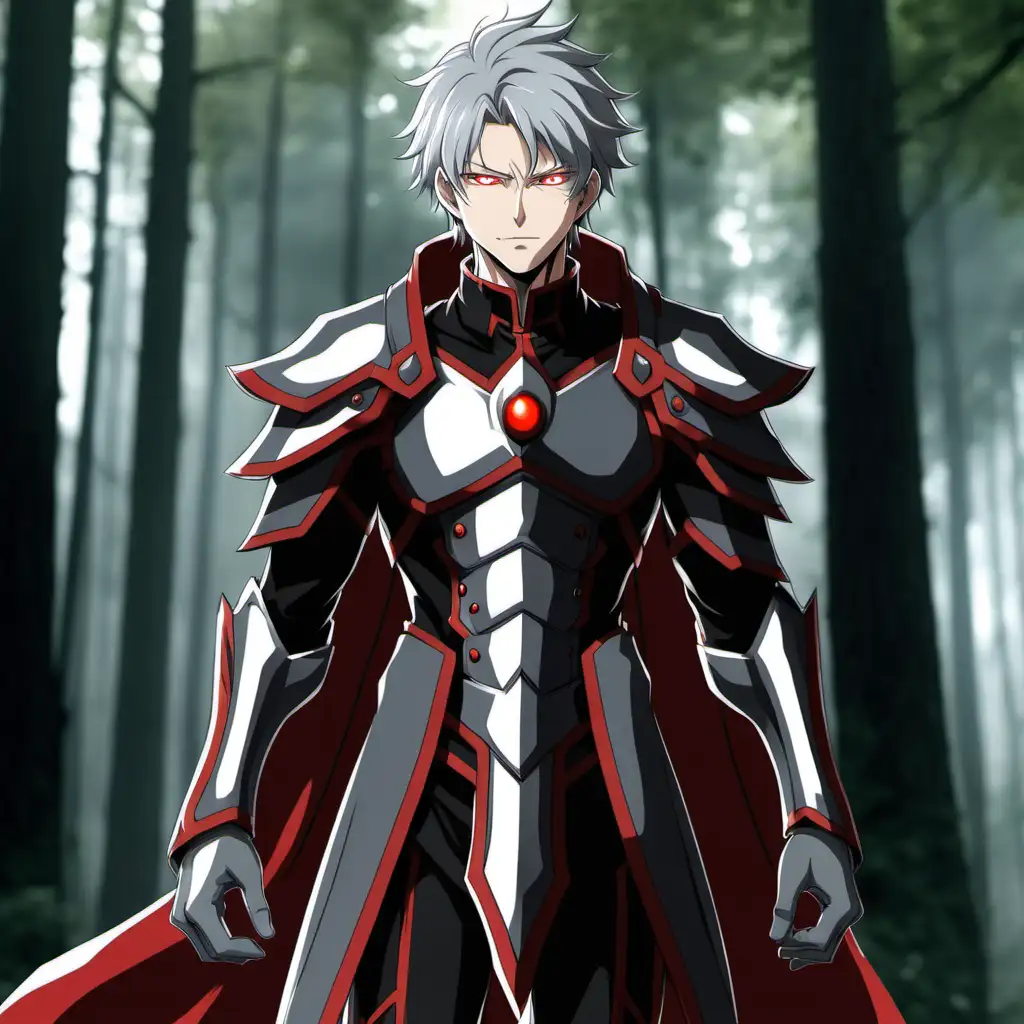 anime guy, grey hair, sound magic, standing pose, black and red outfit, subtle armor, aura, forest, red eyes