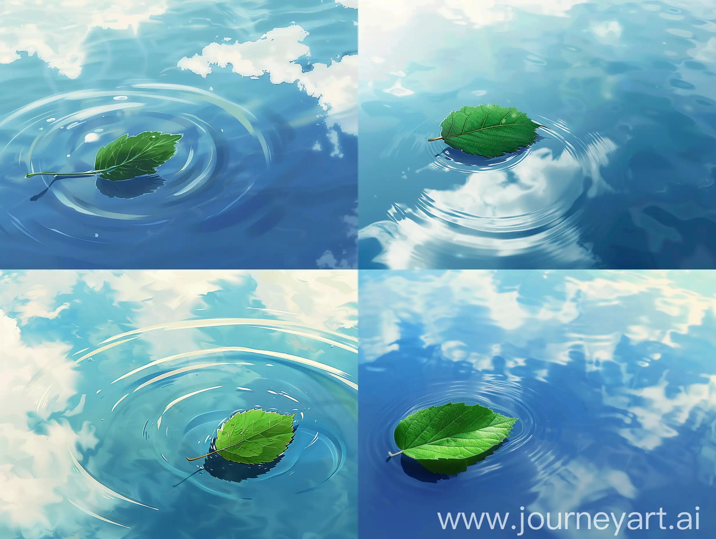 green, leaf, floating, water, surface, blue, sky, reflection, white, clouds, vibrations, ripples, just, fallen, serene, tranquil, natural, daylight, bright, vivid, anime style