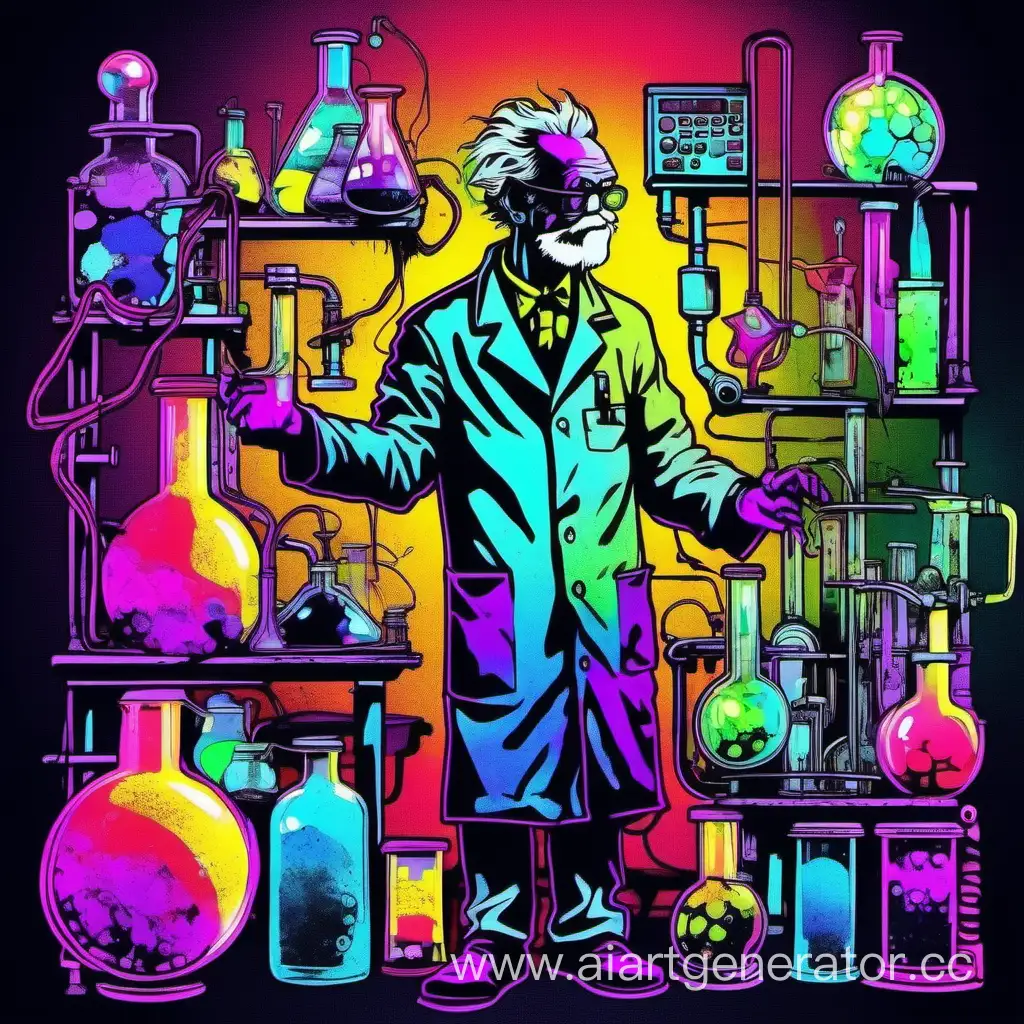 Grunge Colorful Collage Style, mad scientist lab, bright neon colors:: blacklight, multicolor