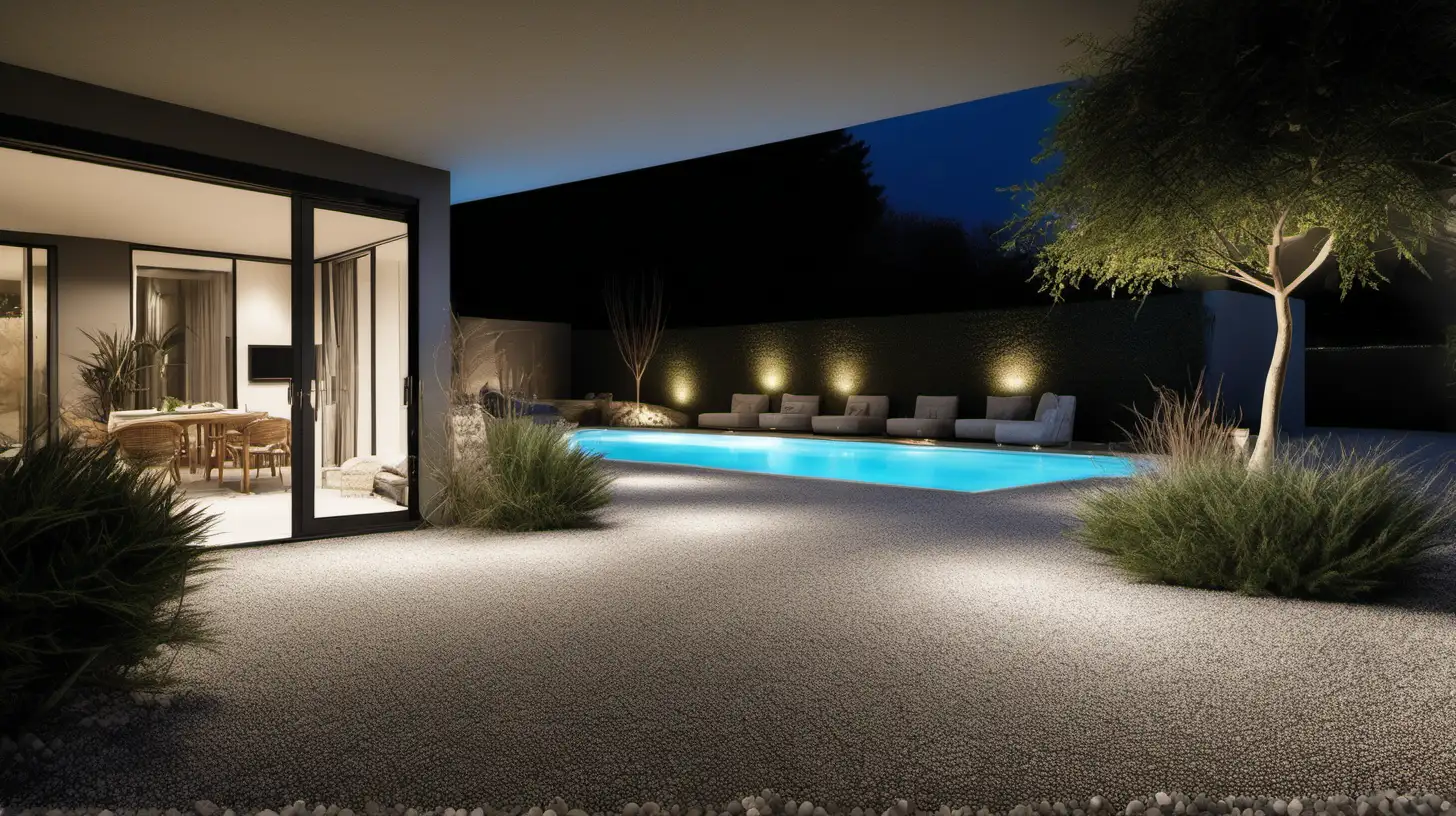 terrasse et une piscine maison été nature végétaux nuit lumière avec revêtement de sols granulats très finsgris sable moquette de pierre et meubles de jardin