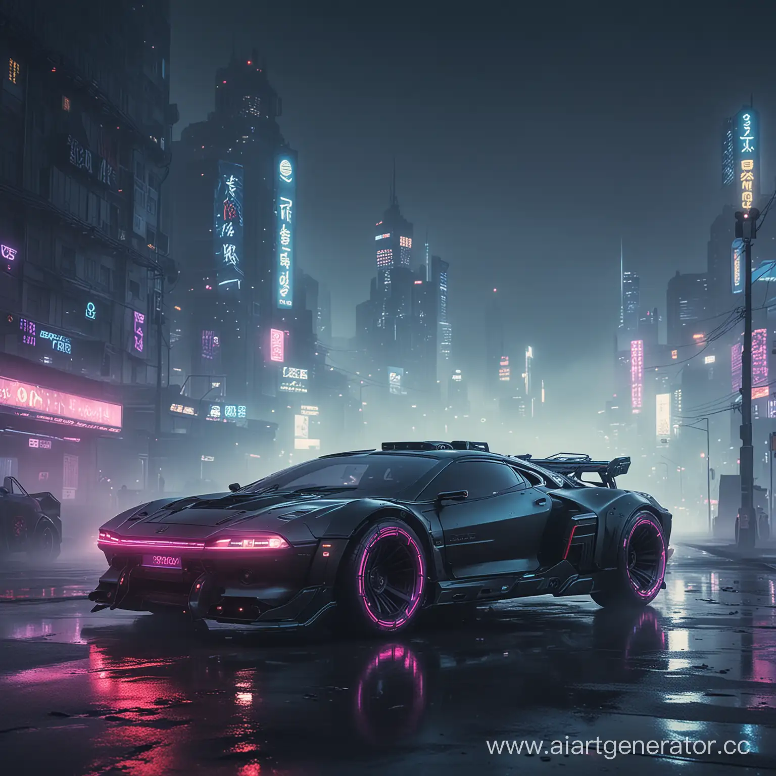 ночной, кибер панк, город, на переднем плане стоит дрифт машина из будущего, с неоновыми колесами, туман