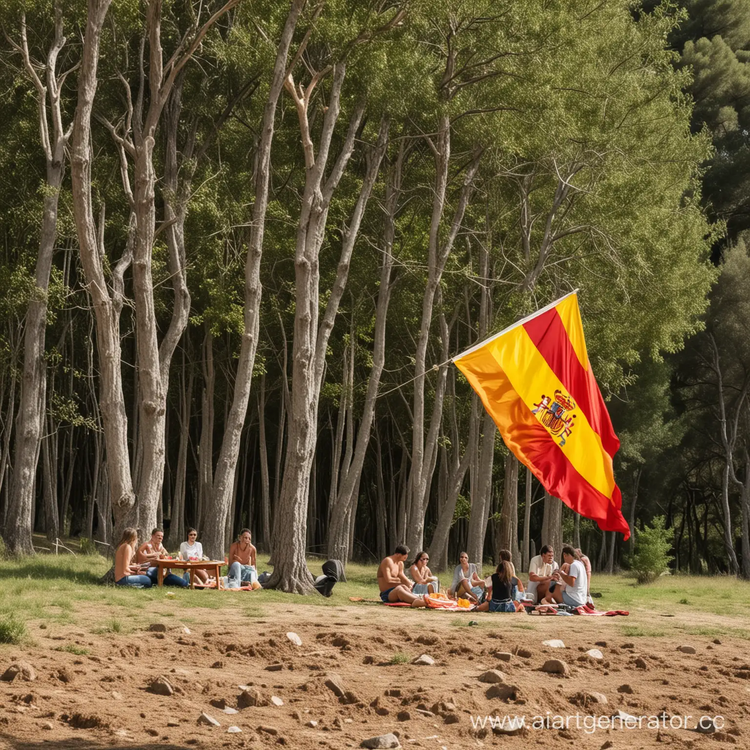 люди отдыхают в испании на природе во время обеденного перерыва и рядом флаг испании