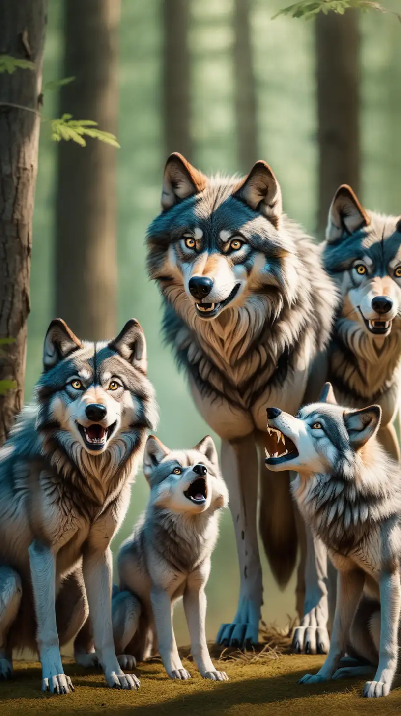 a very surprised family of wolves in a forest