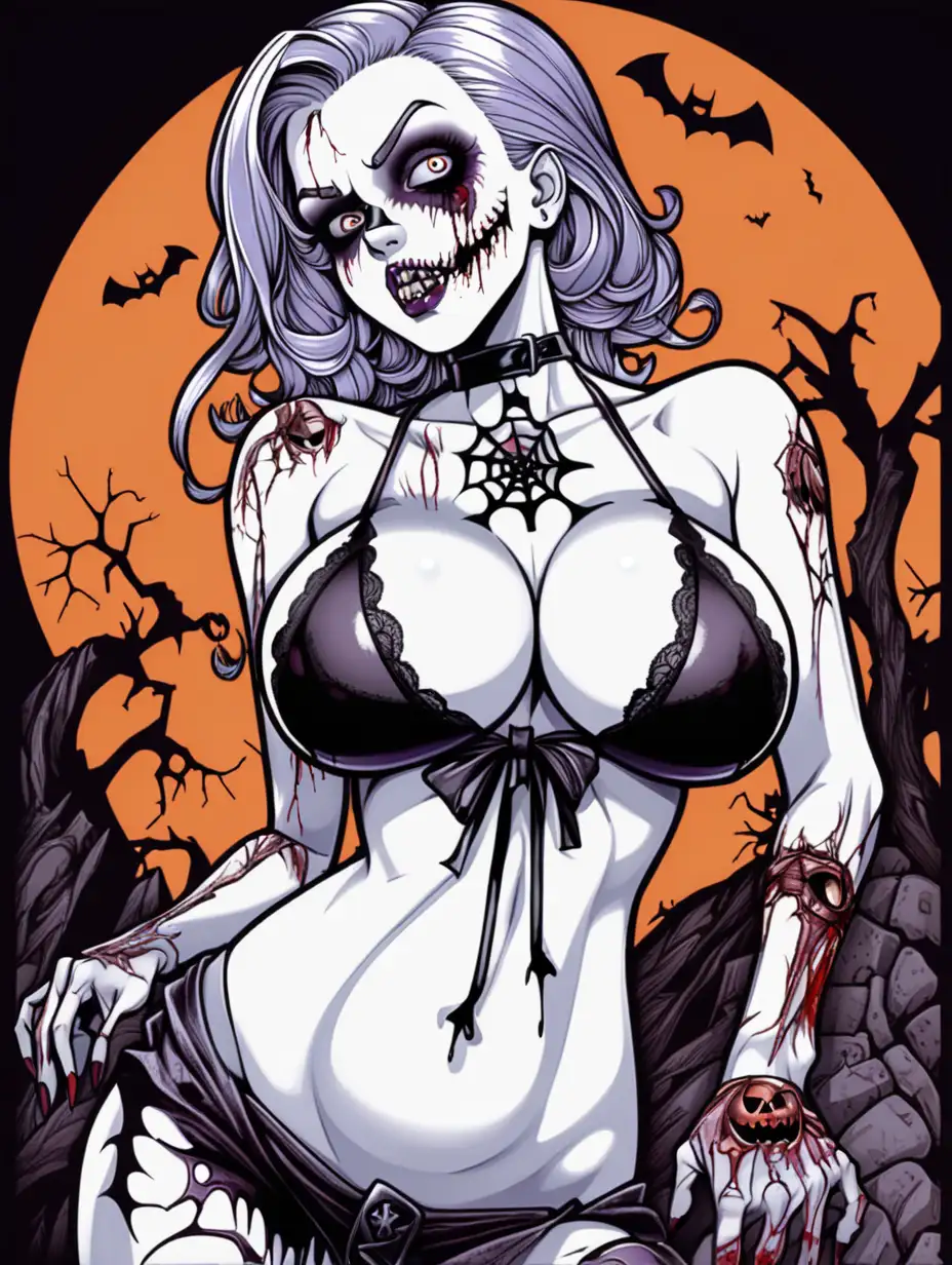 HALLOWEEN COLORS, Black Outlines, FEMALE GOTHIC ZOMBIE, big boobs, PINUP POSES, detailed background
