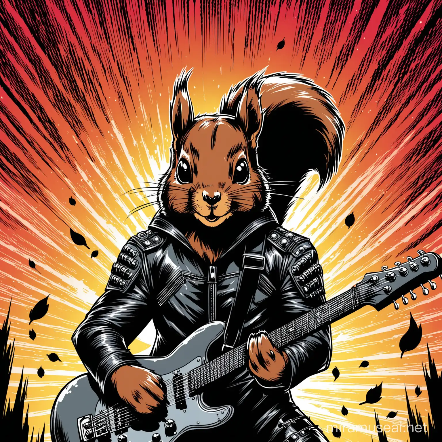 squirrel in a black metal band in the style of a comic book 