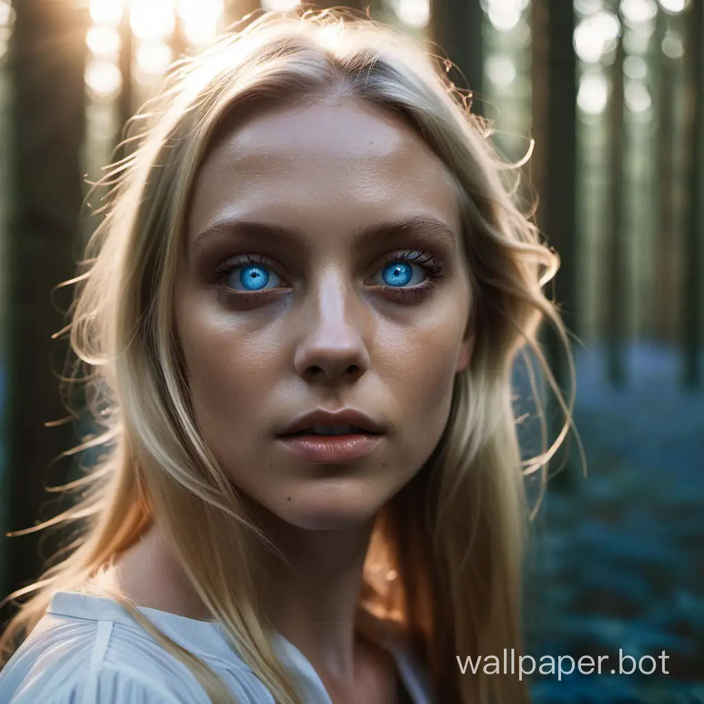 portrait of young Swedish female model with blue eyes in mystical forest,clear facial features,emotive eyes, wearing high fashion,  golden hour, cinematic, 35mm lens, f/1.8  --c500 --w500
