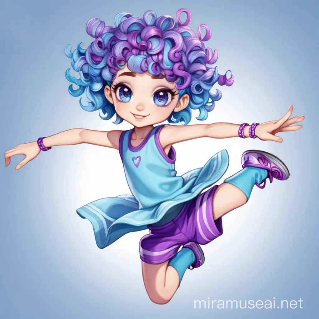 Curly Blue and Purple Haired Pixie Cartwheeling in a Whimsical Meadow