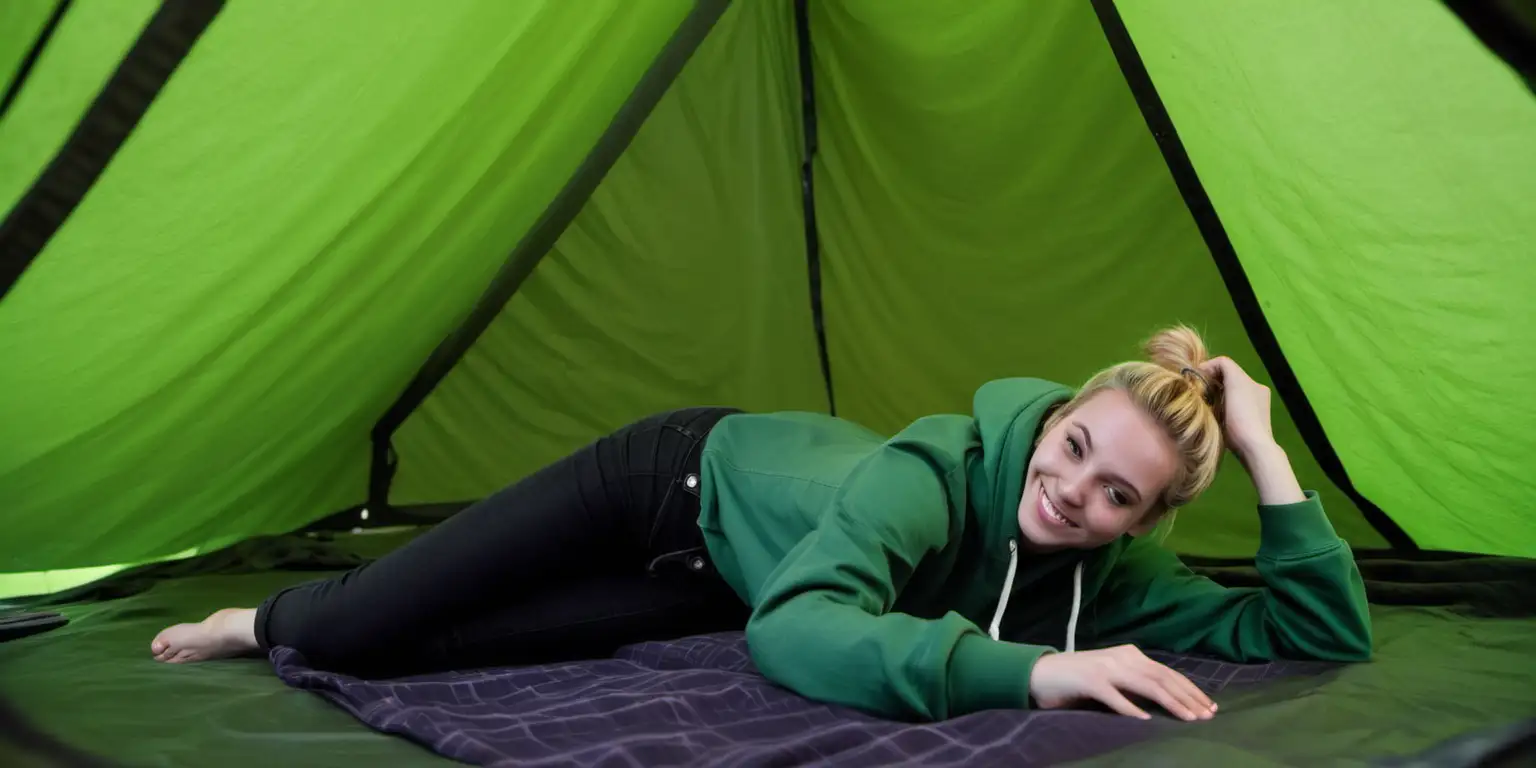 Young Woman Relaxing in Tent at Dusk