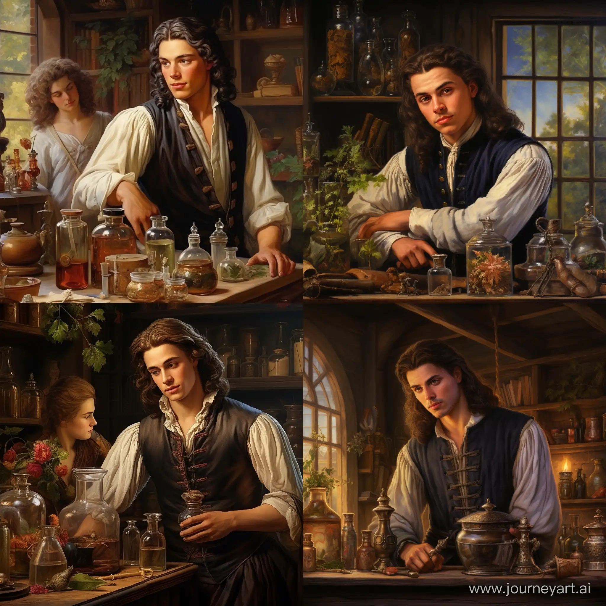 красивый, молодой, стройный, подкачанный парфюмер, 18 век, стоит возле стола, травы, масла, колбы, а рядом с ним стоит таинственная незнакомка, реалистично,  детализировано