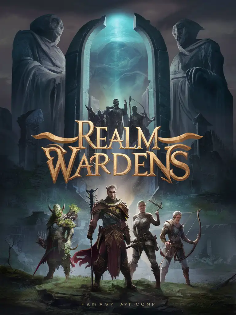 STYLIZED GAME ART WITH EXTRA LARGE LOGO "REALM WARDENS" LOOMING STATUES ANCIENT FANTASY RUINS TOWER fantasy world immense PORTAL, DRUID sentinel RANGER