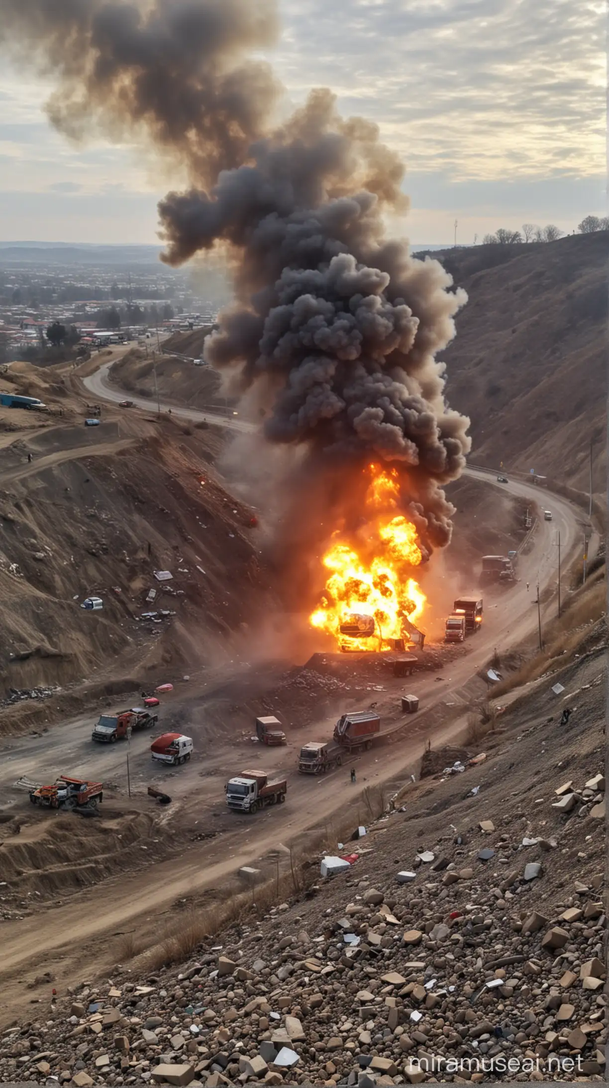 truck dump down in hill,smoke,explosion