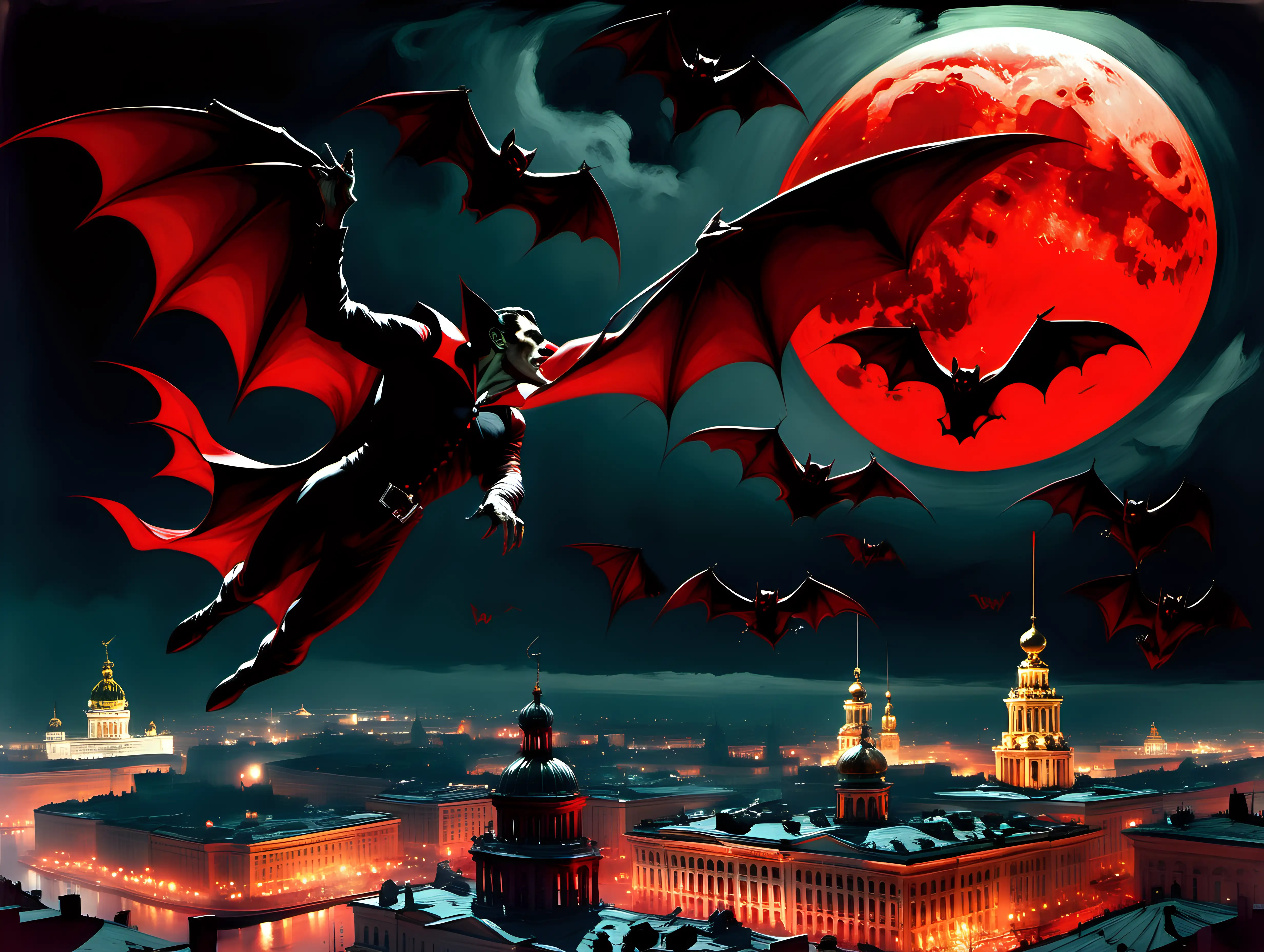 Dracula and Vampire bats flying over St Petersburg at night huge red moon
Frank Frazetta style