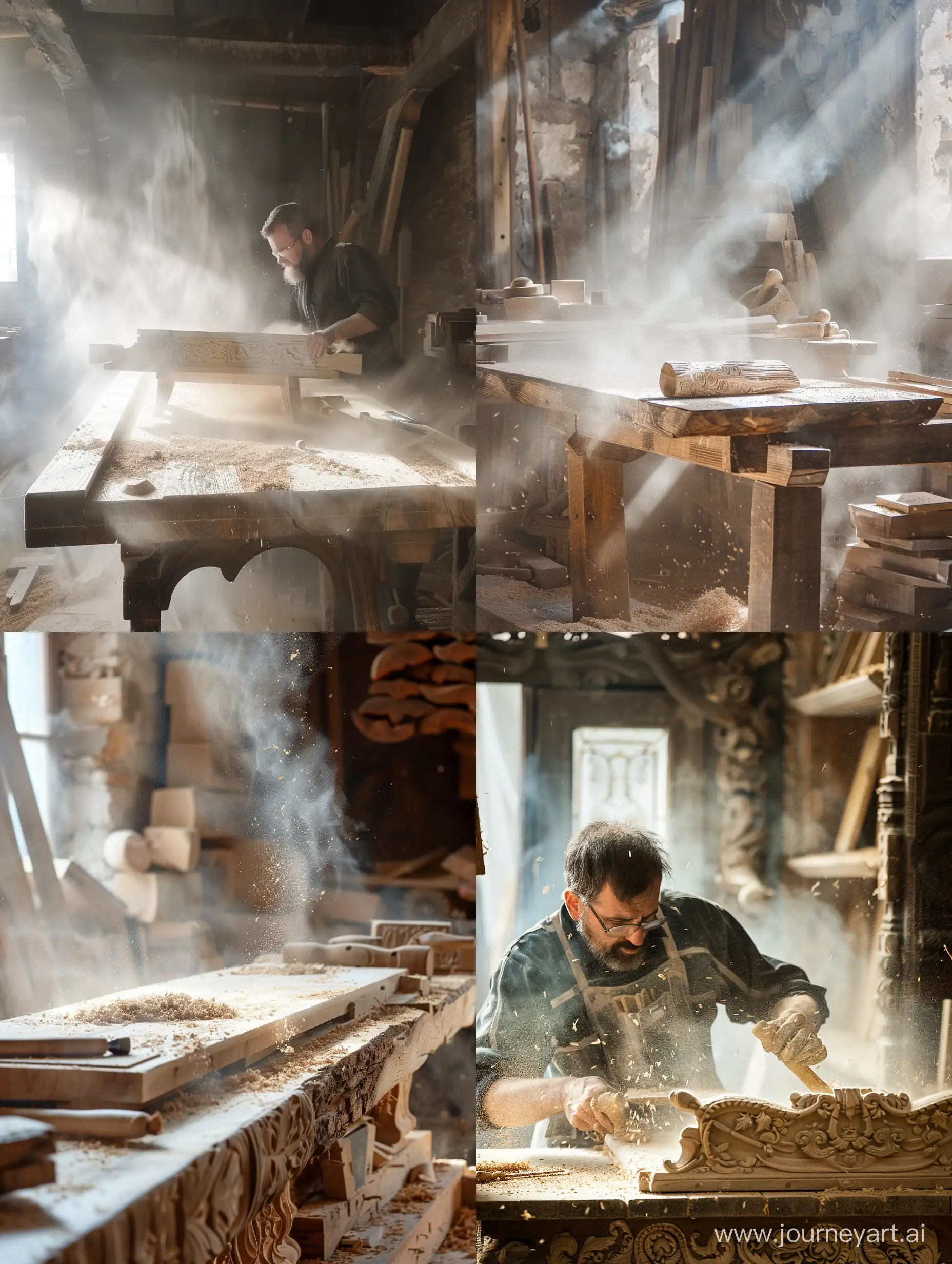 Столяр делает мебель из массива дуба в старинной столярной мастерской. Резная мебель инструменты верстак пыль туман опилки