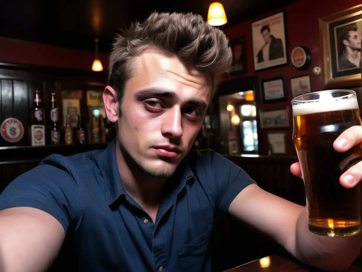 a 30-year-old man who looks like James Dean takes a selfie while drinking beer in a pub.