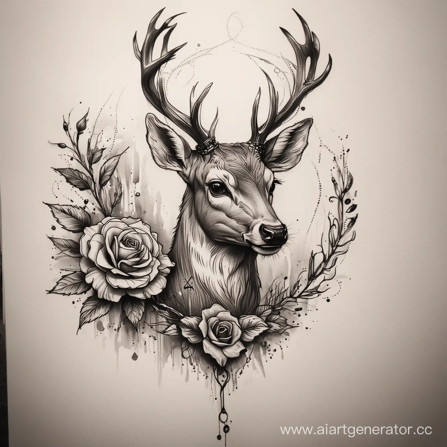 эскиз татуировки оленя с розой