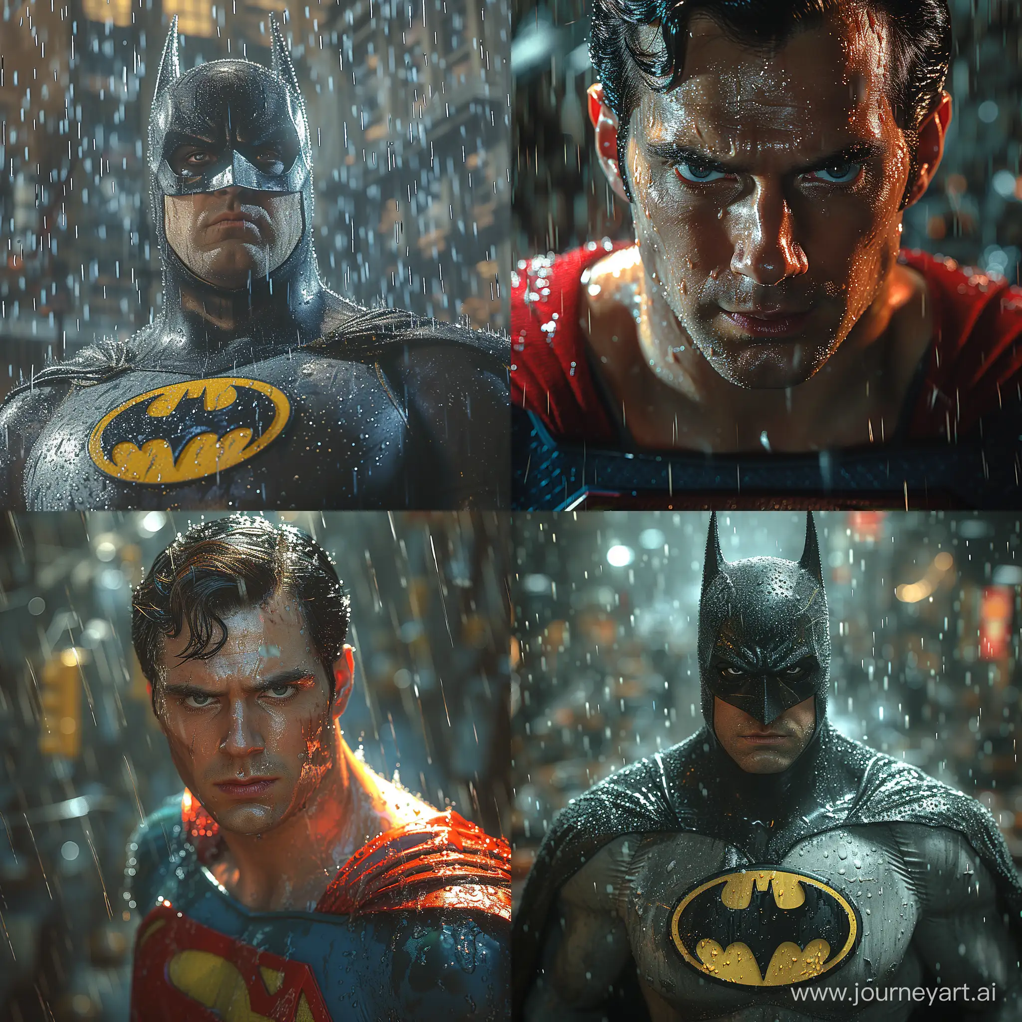 Create a realistic and dynamic image of the super man in Gotham City, with a close-up depth of field, set in the rain. The image should capture the essence of Gotham City's atmosphere and the super man's character, incorporating a stylized approach. Pay attention to detail and realism, and ensure that the image conveys a sense of drama and intrigue --stylize 750 --v 6