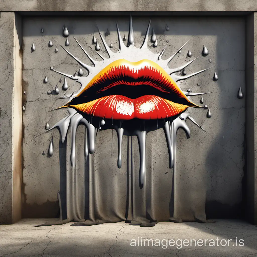 In the style of Salvador Dali. Realistic. (Lips spread on concrete. The sun reflects on the curtain. Drops of mercury trickle down the walls).