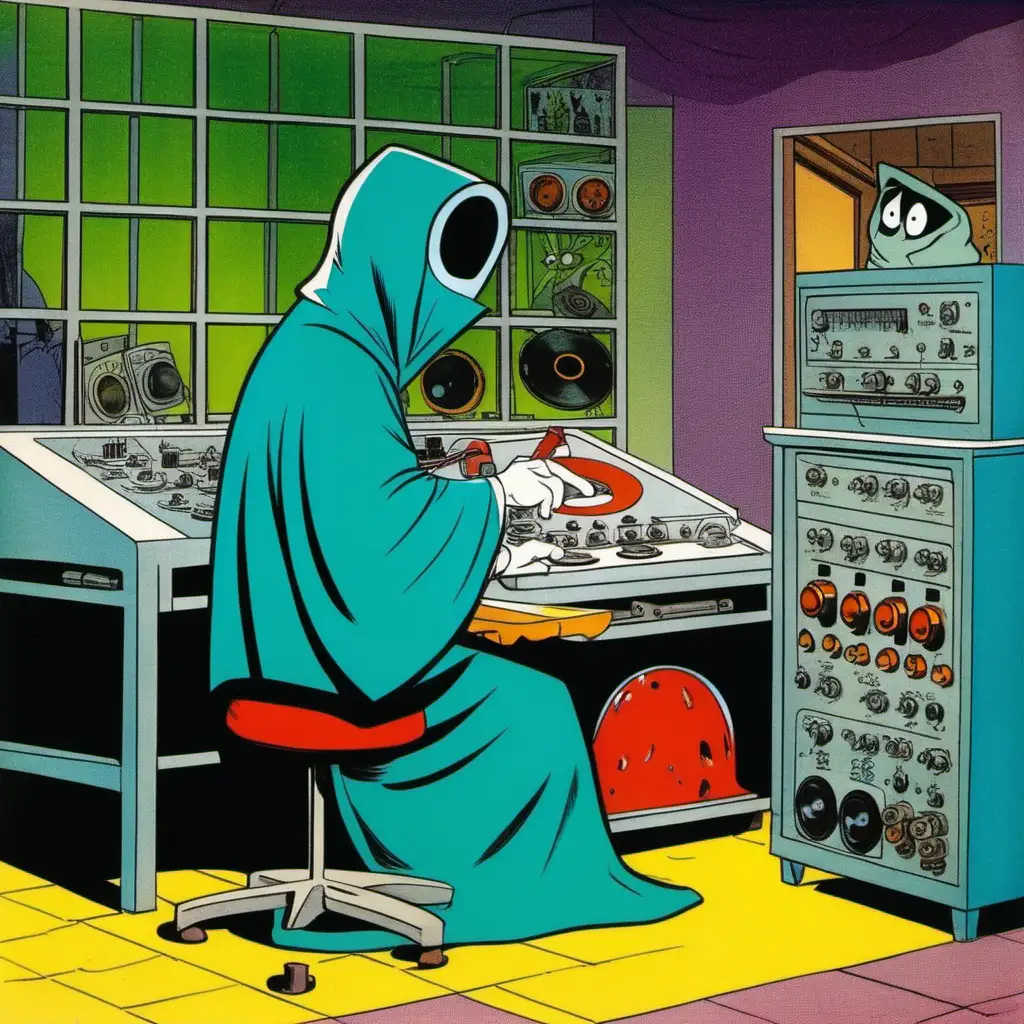 hanna barbera cartoon from 1960s, 60s color cartoon, horror, cloaked villain with no face in laboratory, listening to record player, 