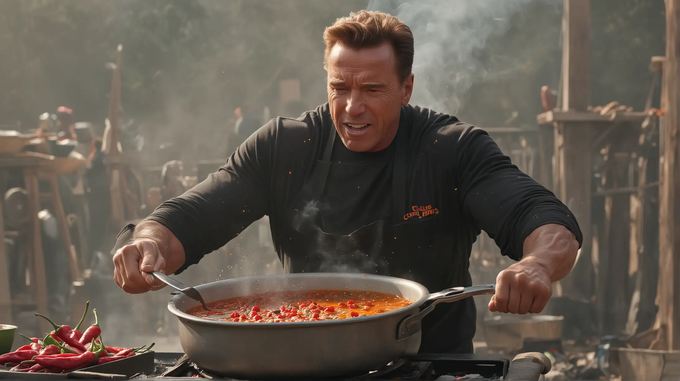 Arnold Schwarzenegger Cooking Spicy Soup Over Fire with Red Hot Chilis