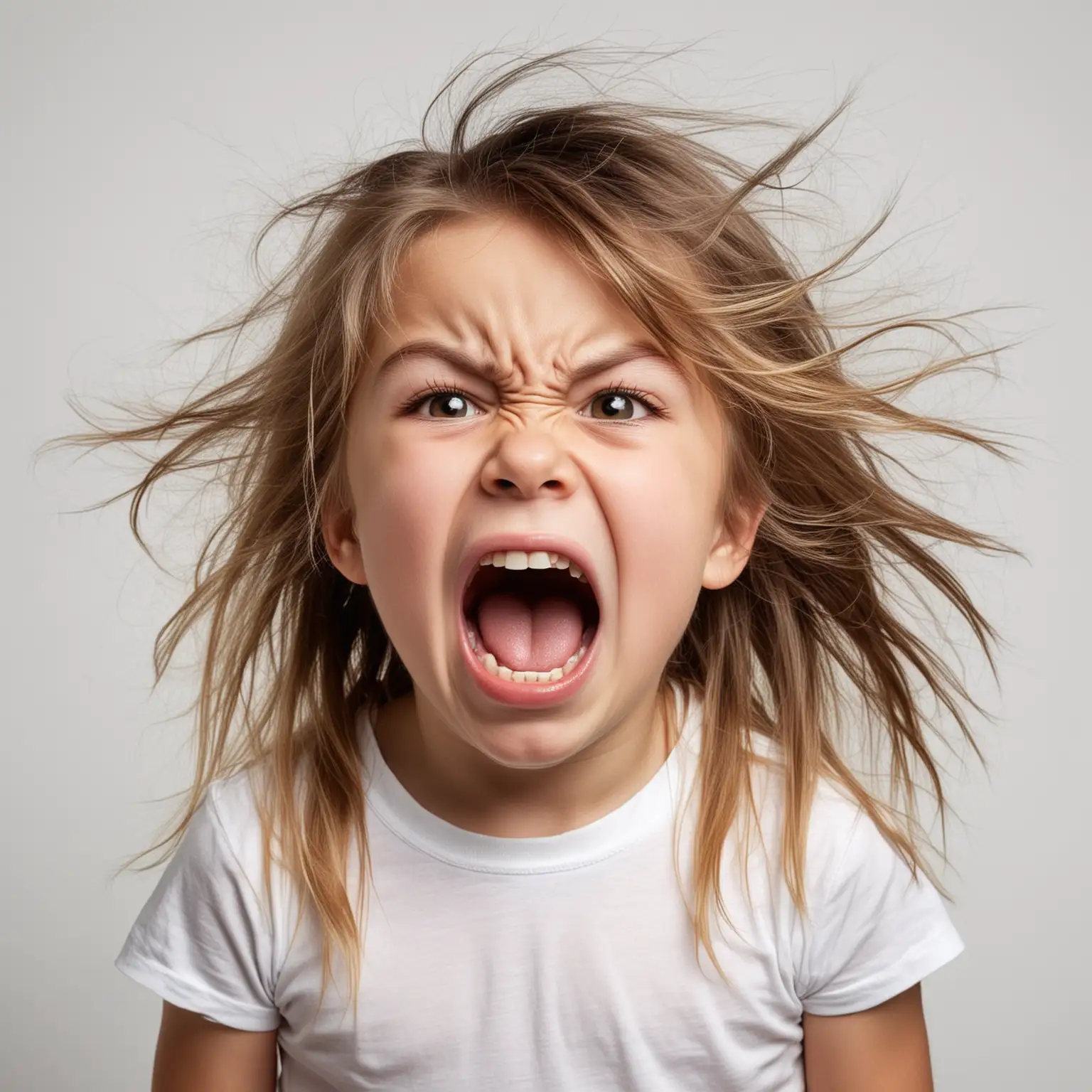 Angry Child with Unkempt Hair Screaming on White Background
