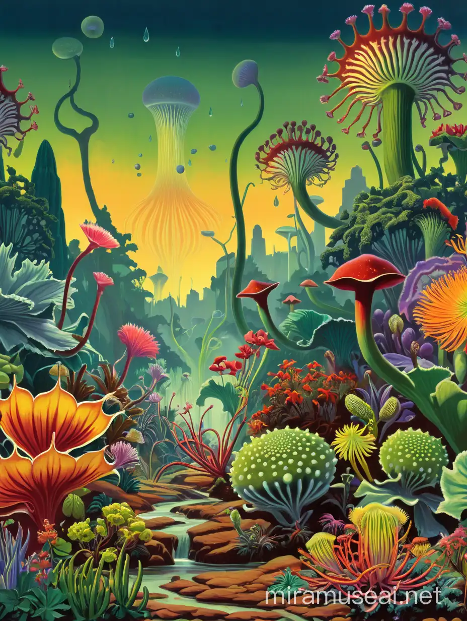 Hans Haeckel landscape jungle rain carnivor plants racines flowers. Paint them in the flat colorful style of Gil Elvgren and other colorful pinup artists of the 1950s. Deadly Alien flowers are in the foreground that have interesting details and colors. Poisonous Fractals,  radiolaria, and diatoms trees can also be seen. Leave discreet places in the front for humans to be added at a later time. Show distances to show depth. A strong wind disturbs the plants.
