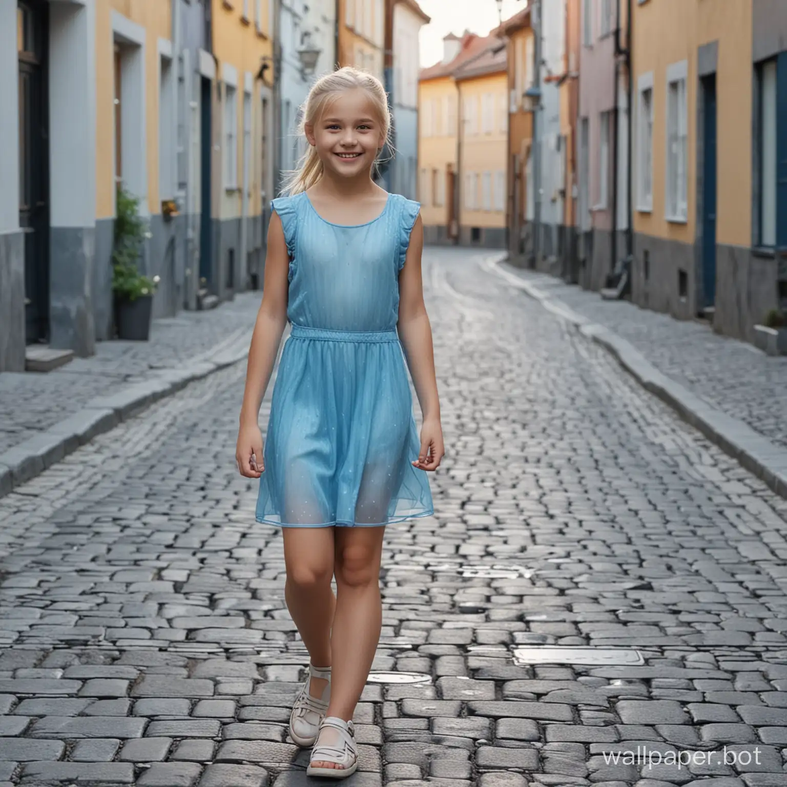 Photo realistic, beautiful sweden preteen girl 11 years old, platinum hair with ponytail, full-length, in a beautiful translucent blue short dress, smiling, walk on a street, high detail, high definition, real video, 8k