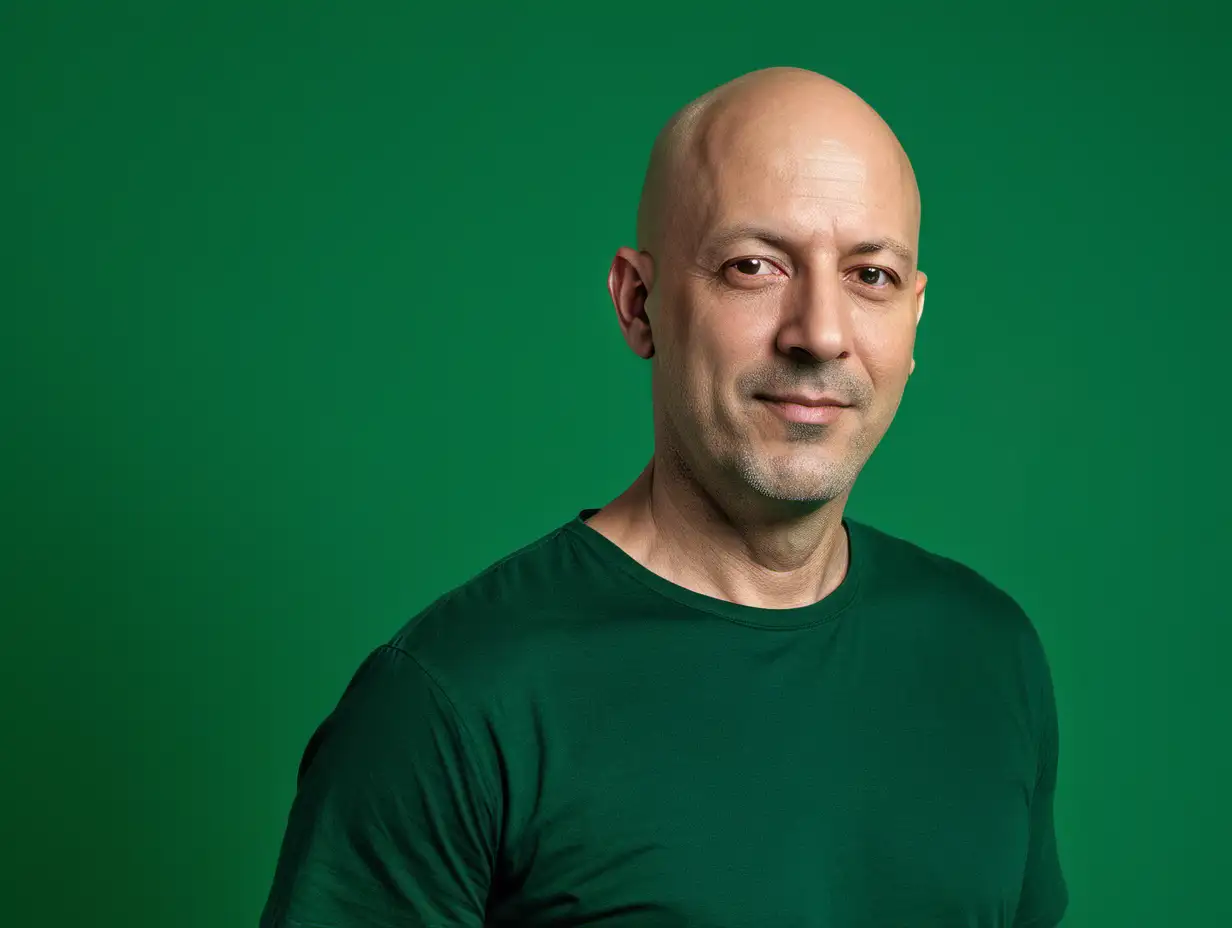 bald man 40 years old standing in front of a flat green backdrop