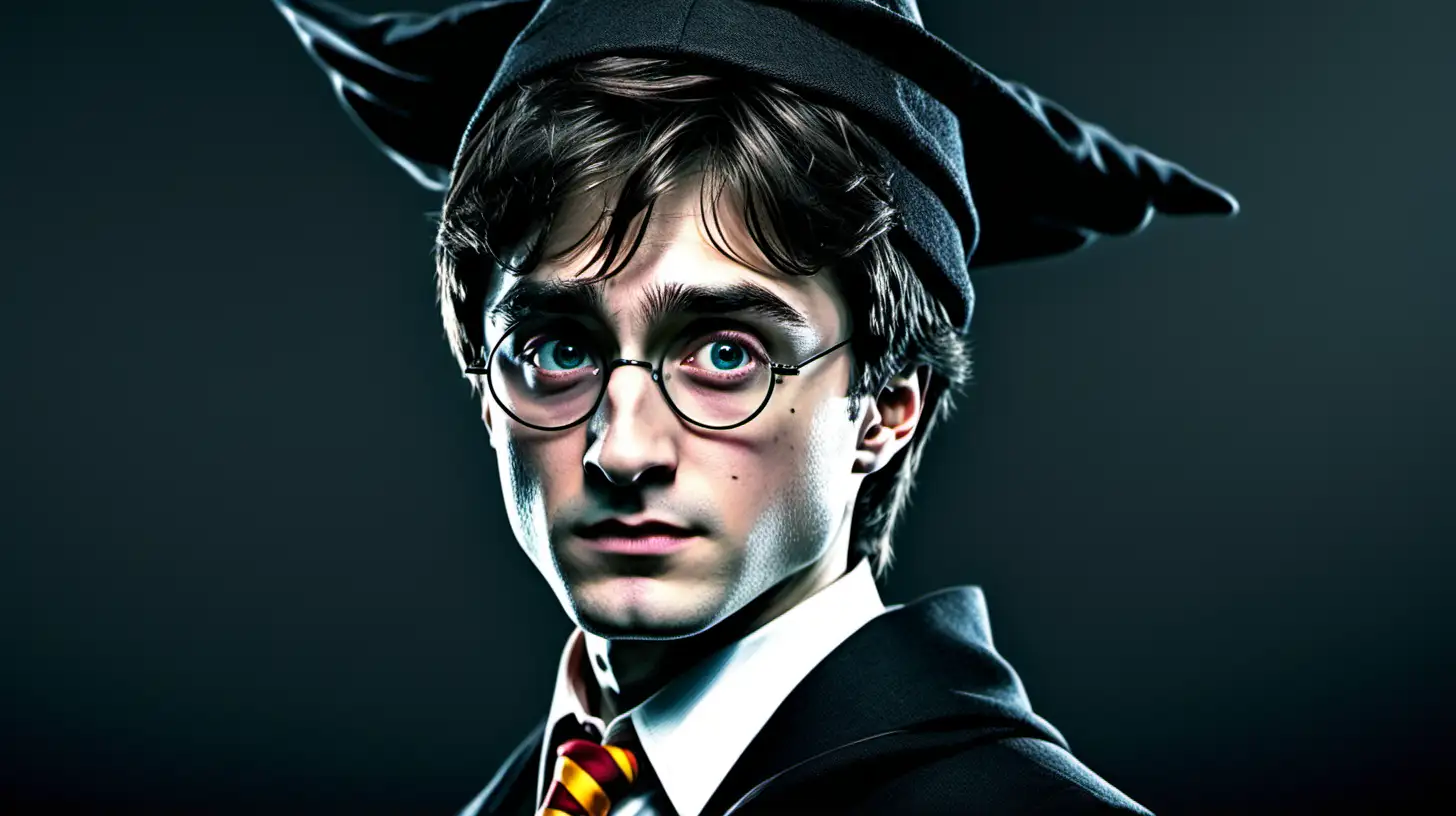 Erstelle ein Bild von Harry Potter in einem modernen Anzug. Betone den zeitgemäßen, geschäftsmäßigen Look, während er gleichzeitig seine charakteristischen Merkmale beibehält. Zeige sein Gesicht im Close-Up. Er hat die Augen zugekniffen. Er hat den sprechenden Hut auf

