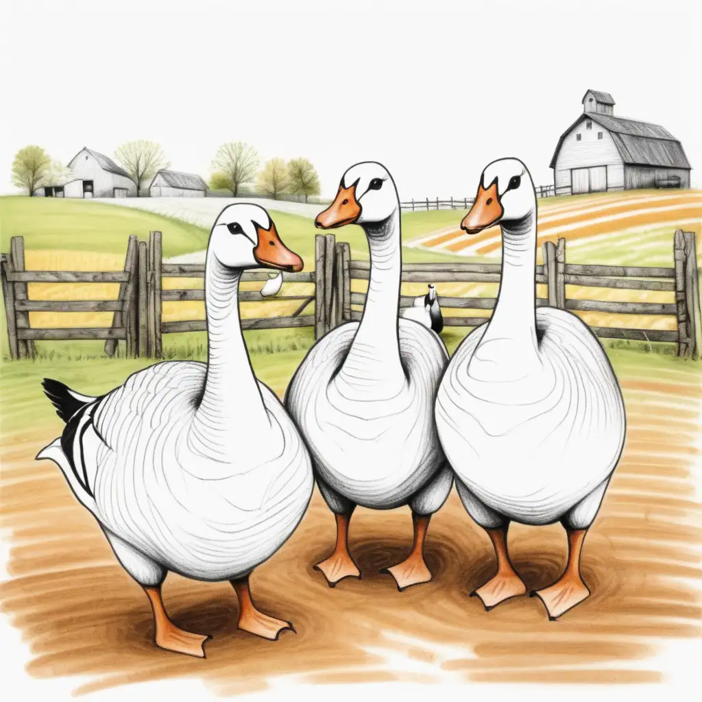 Three Geese Grazing on a Rural Farm