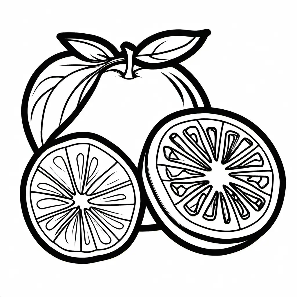 Orange fruit, style coloring page white background, Coloring Page, black and white, line art, white background, Simplicity, Ample White Space. The background of the coloring page is plain white to make it easy for young children to color within the lines. The outlines of all the subjects are easy to distinguish, making it simple for kids to color without too much difficulty